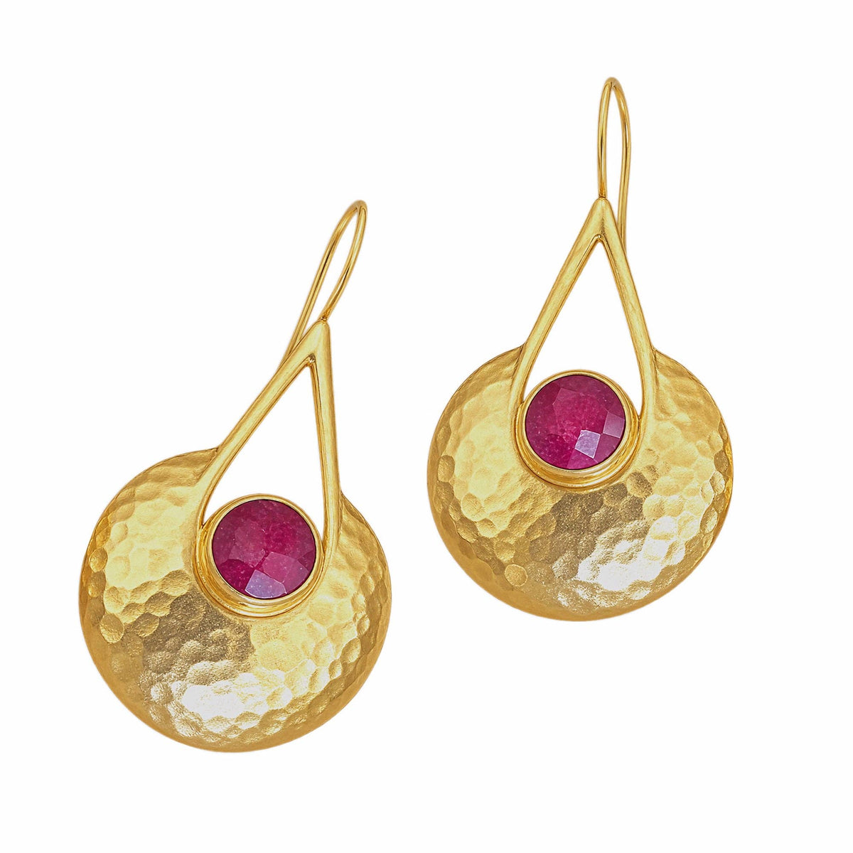 Elif Gold Disc Ruby Dangle Earrings with hammered gold discs and ruby gemstones