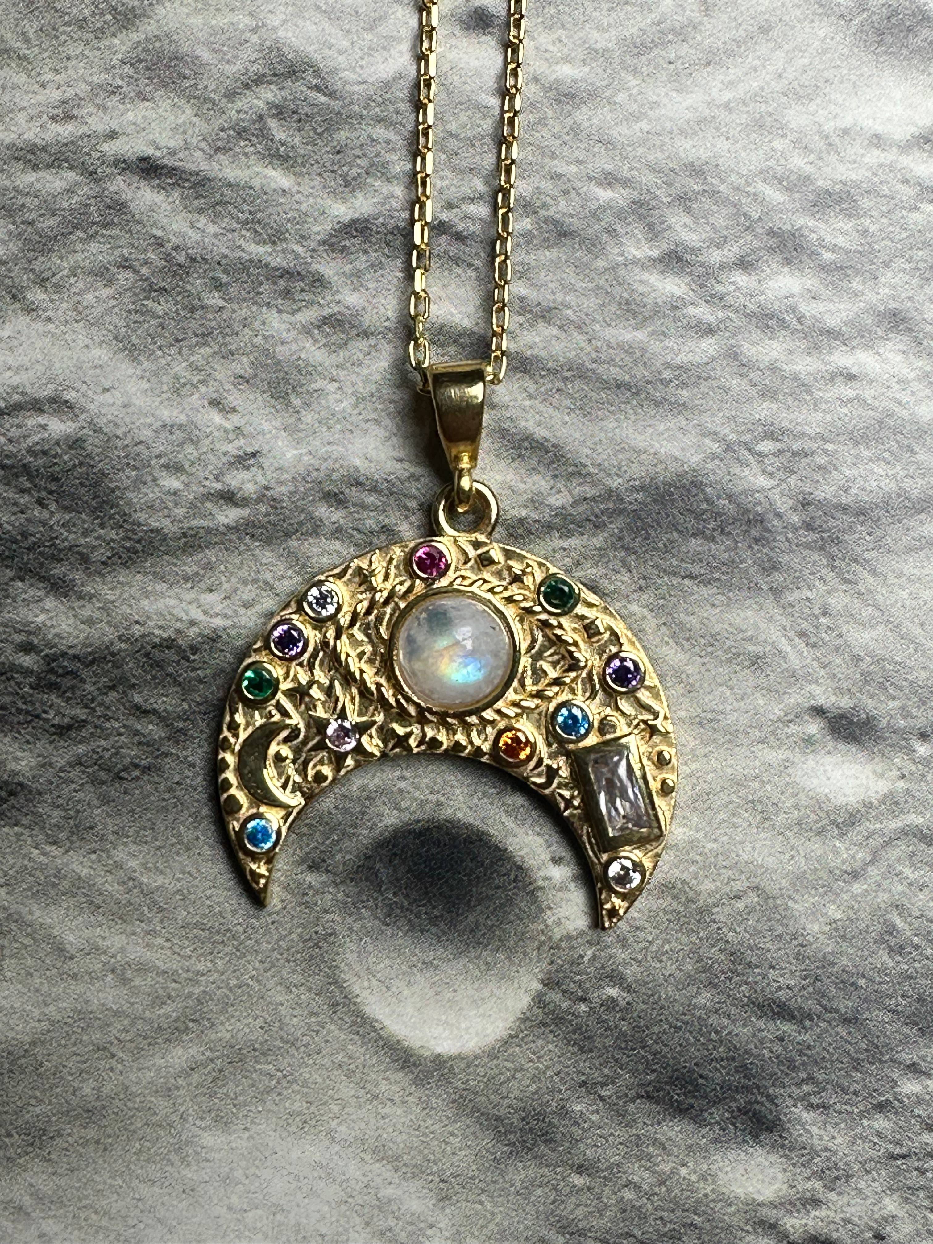 CRESCENT MOON MOONSTONE Evil Eye Sterling Silver Necklace