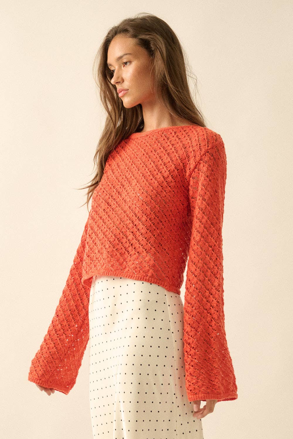 Solid Crochet-Knit Bell-Sleeve Cropped Sweater