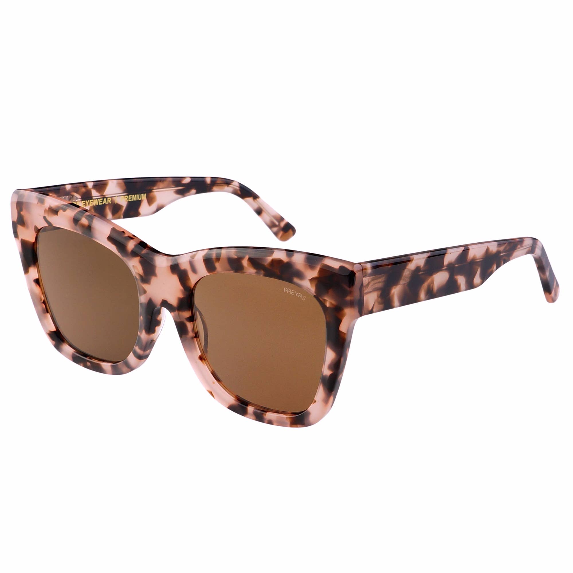 Palermo Acetate Oversized Cat Eye Sunglasses by FREYRS Eyewear, featuring a tortoiseshell pattern, brown nylon lenses, and thick handmade acetate frames, displayed at an angle on a white background.
