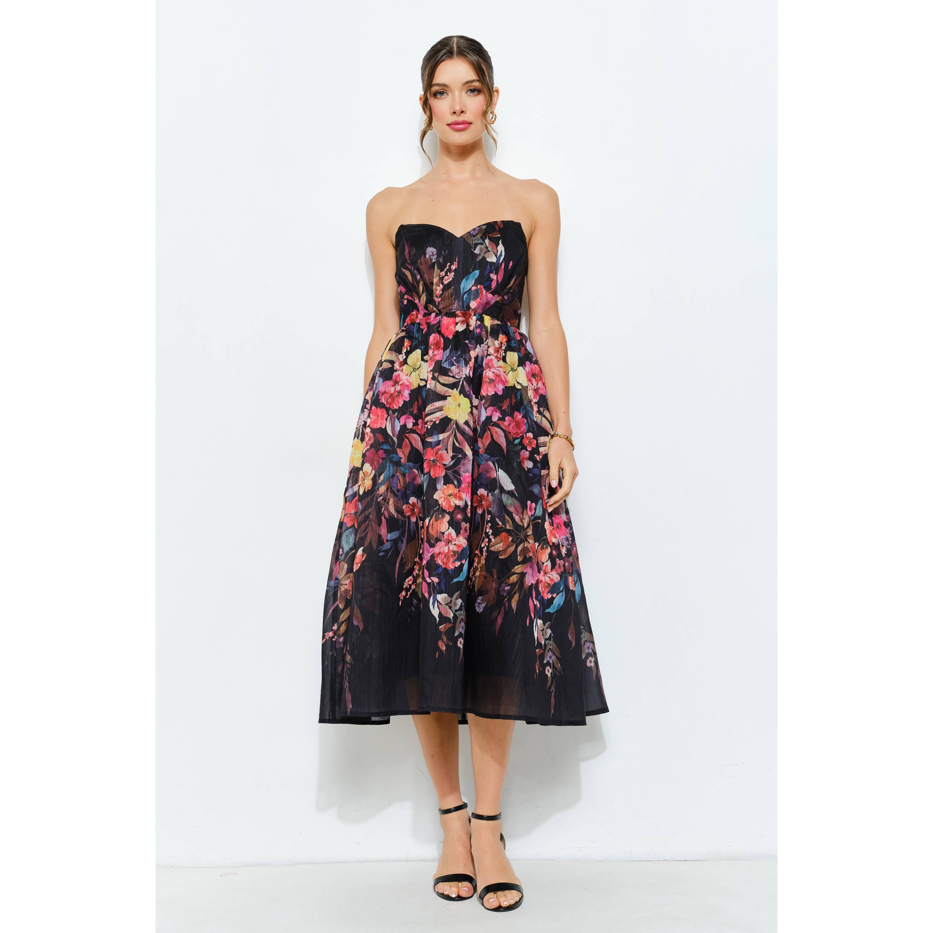 Sweetheart Strapless Floral Midi Dress