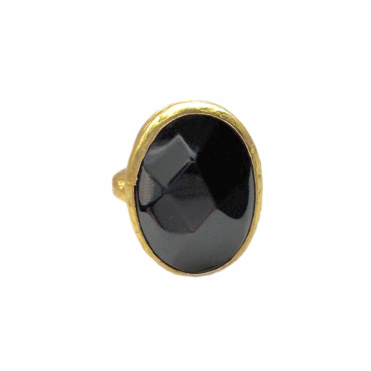 Oval Gold and Onyx Ring (Small) featuring a polished black oval stone in a gold setting