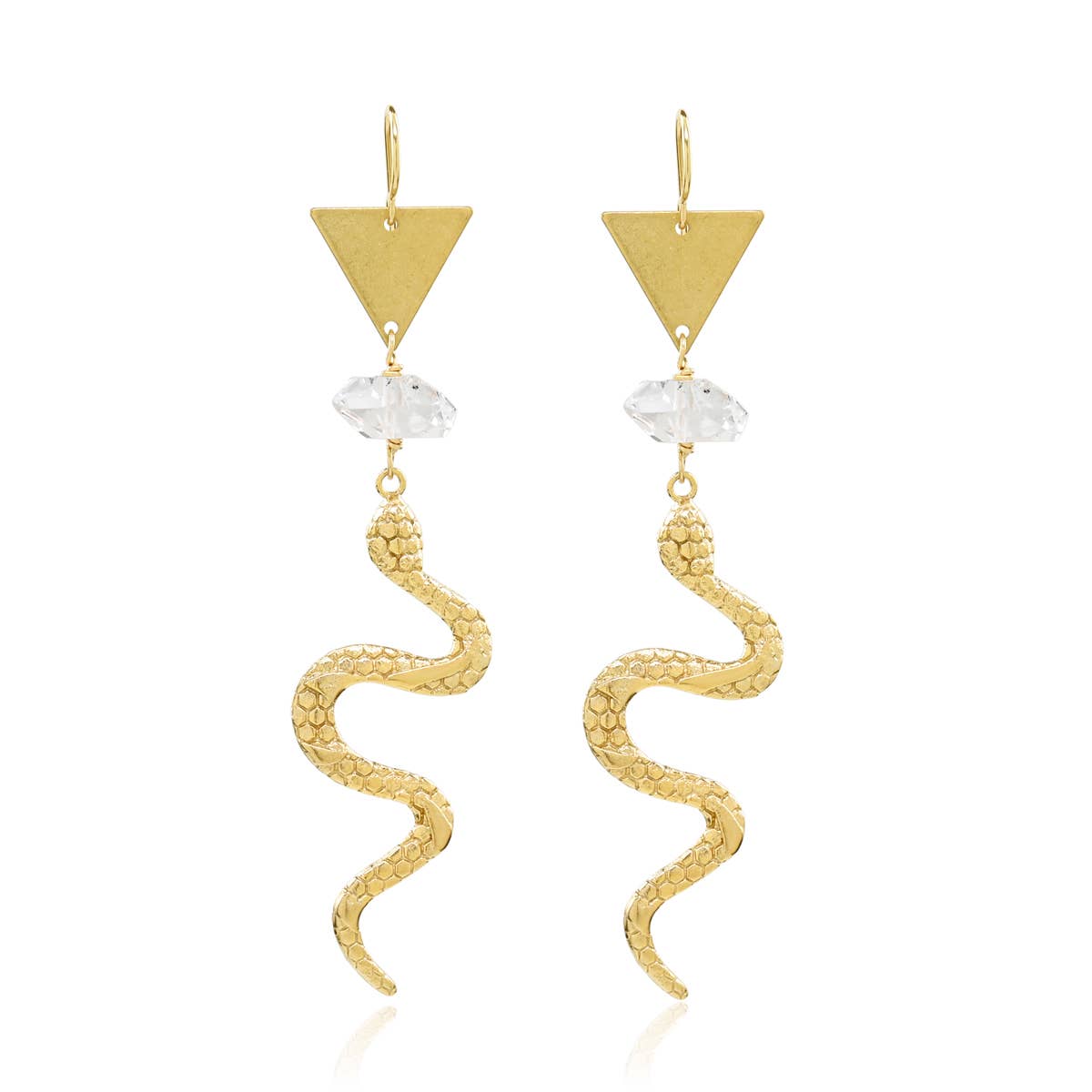 Dreamers of Dreams’ Gold Year of the Snake Earrings feature a textured snake pendant, clear faceted bead, and gold triangle top—handcrafted for unique charm and elegance.