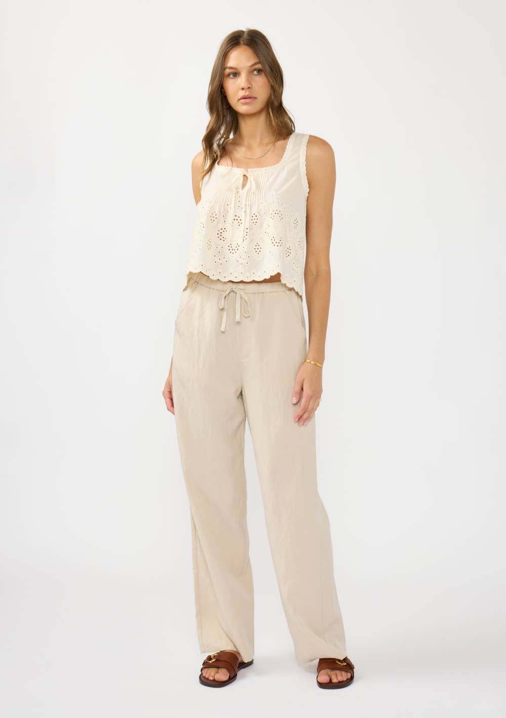 Square Neck Pintuck Eyelet Trim Crop Tank
