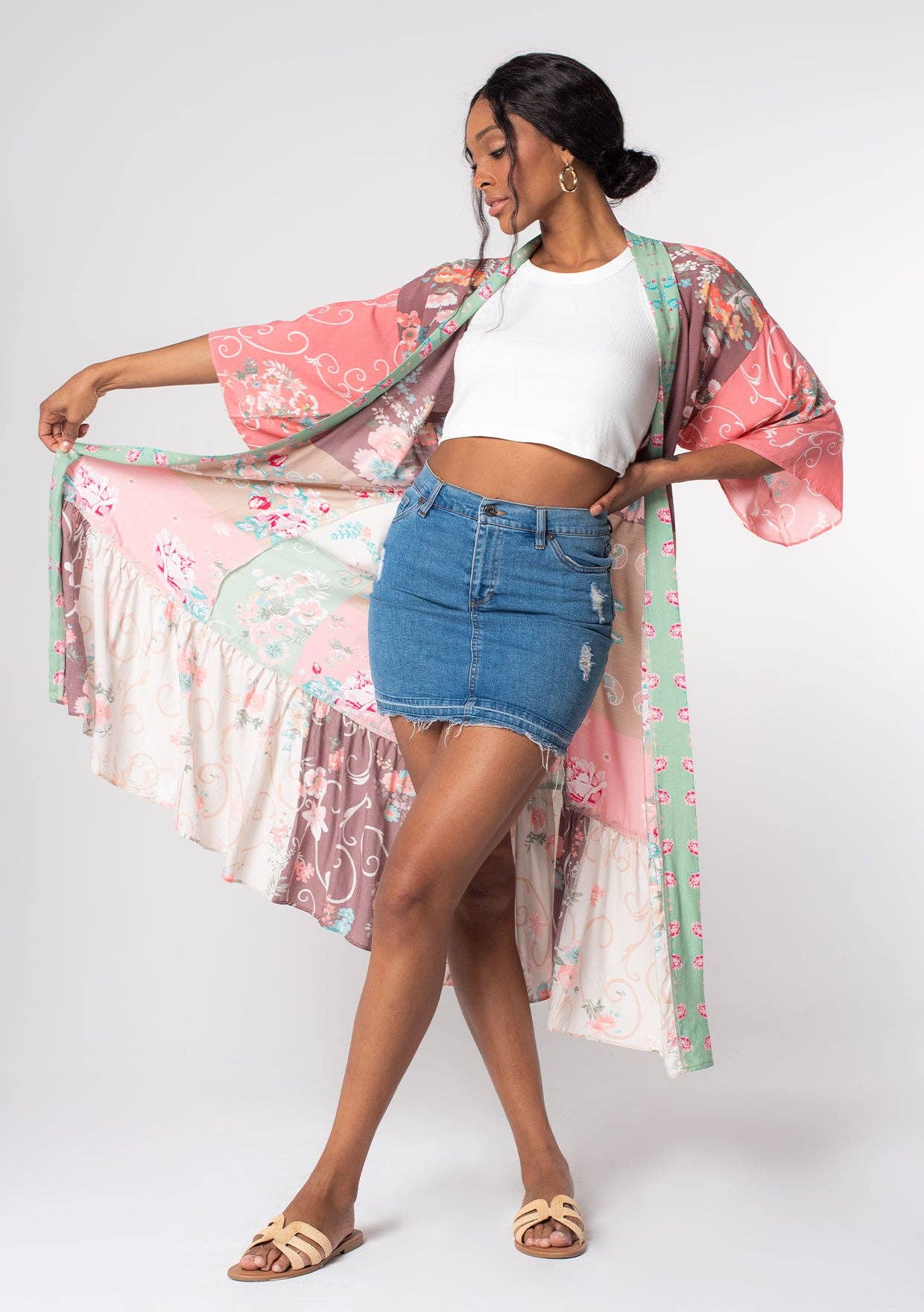 Floral Patchwork Self Tie Maxi Kimono