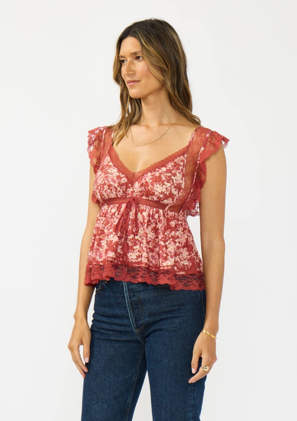 V-Neck Button Back Lace Top