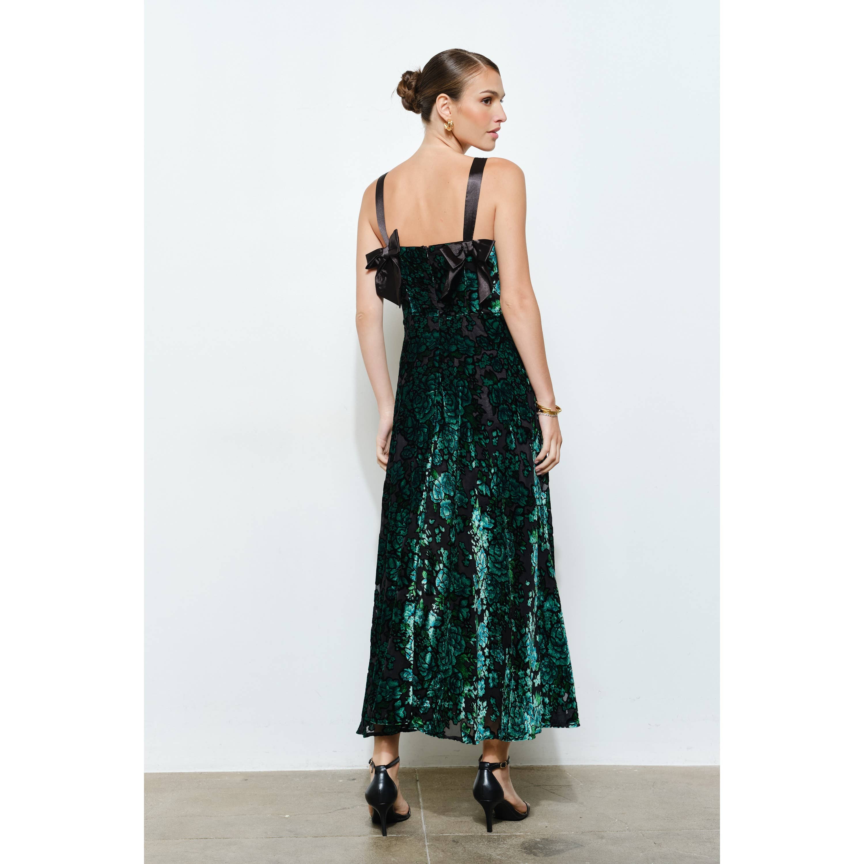 Velvet Floral Bow-Back A-Line Maxi Dress