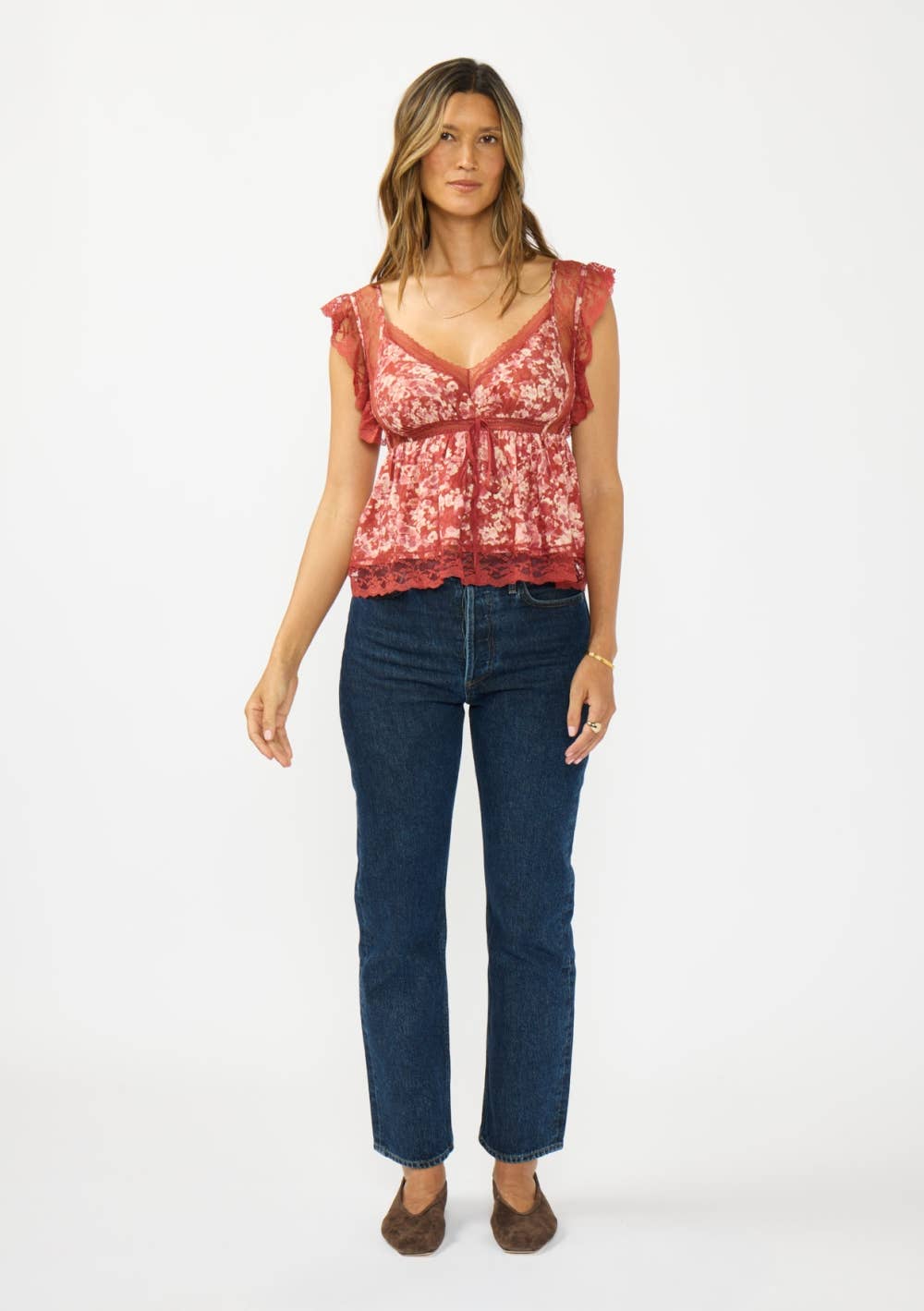 V-Neck Button Back Lace Top