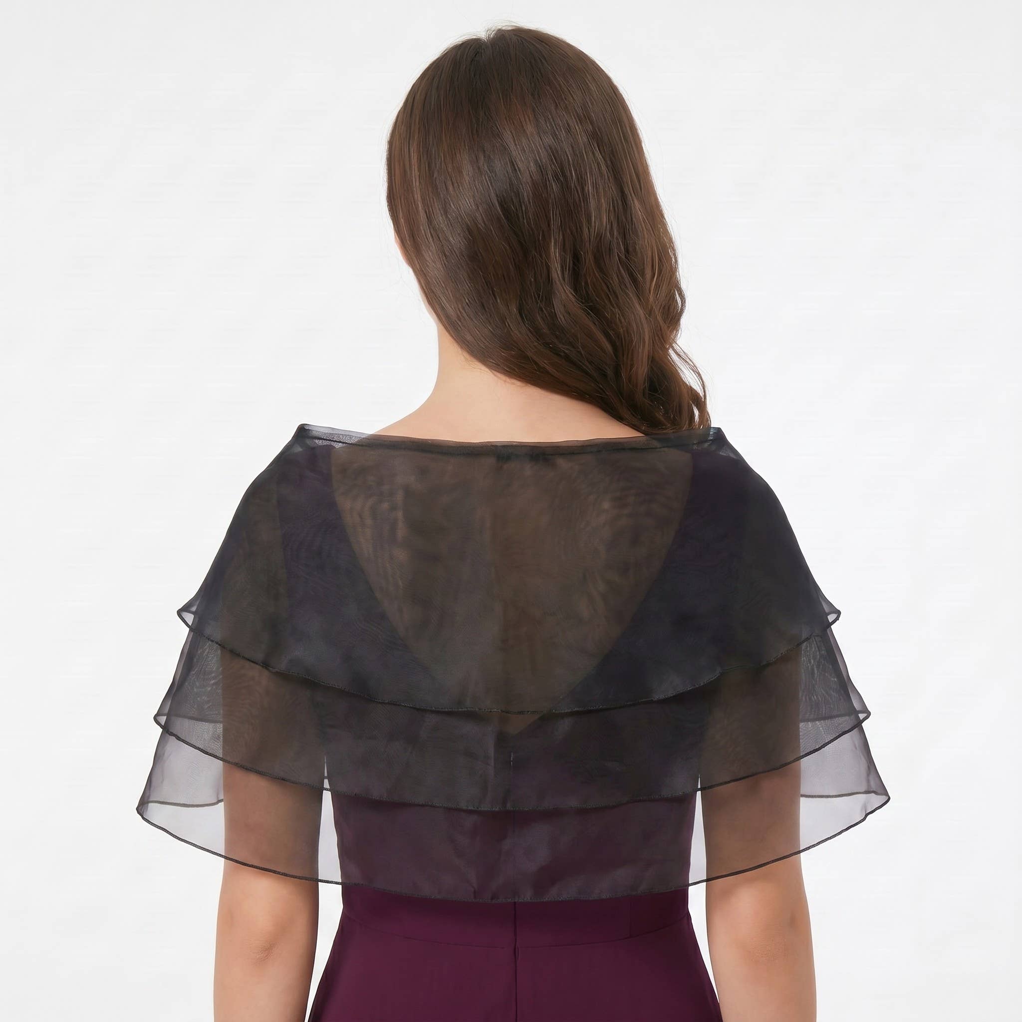 Sheer Organza Shoulder Shawl with Layered Ruffle Trim and Elegant Off-Shoulder Drape 14IN