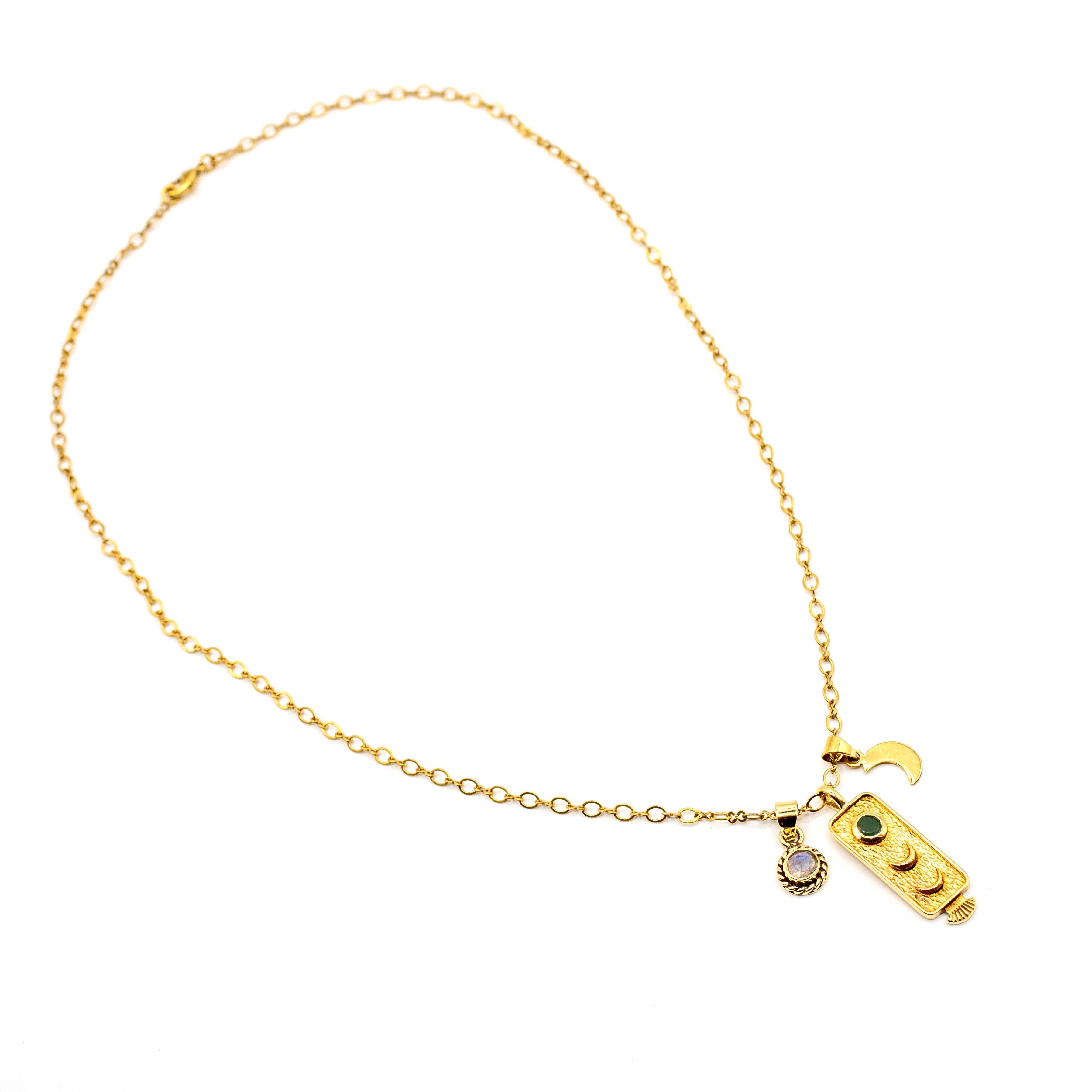 Brass Emerald and Moonstone Charm Necklace