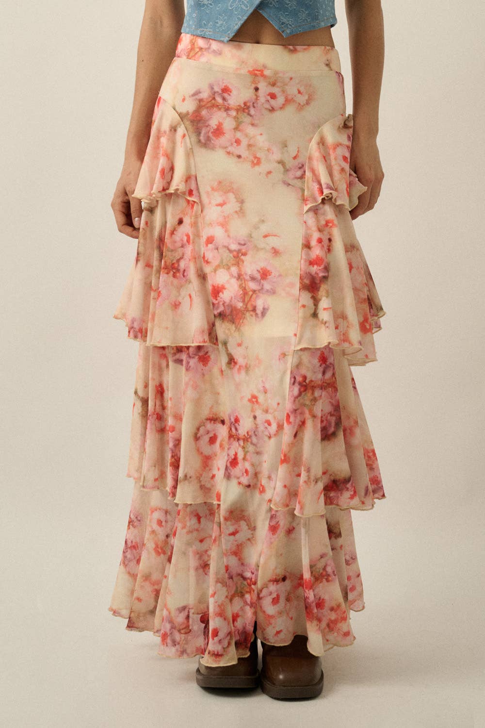 Floral-Print Chiffon Tiered Side-Ruffle Maxi Skirt