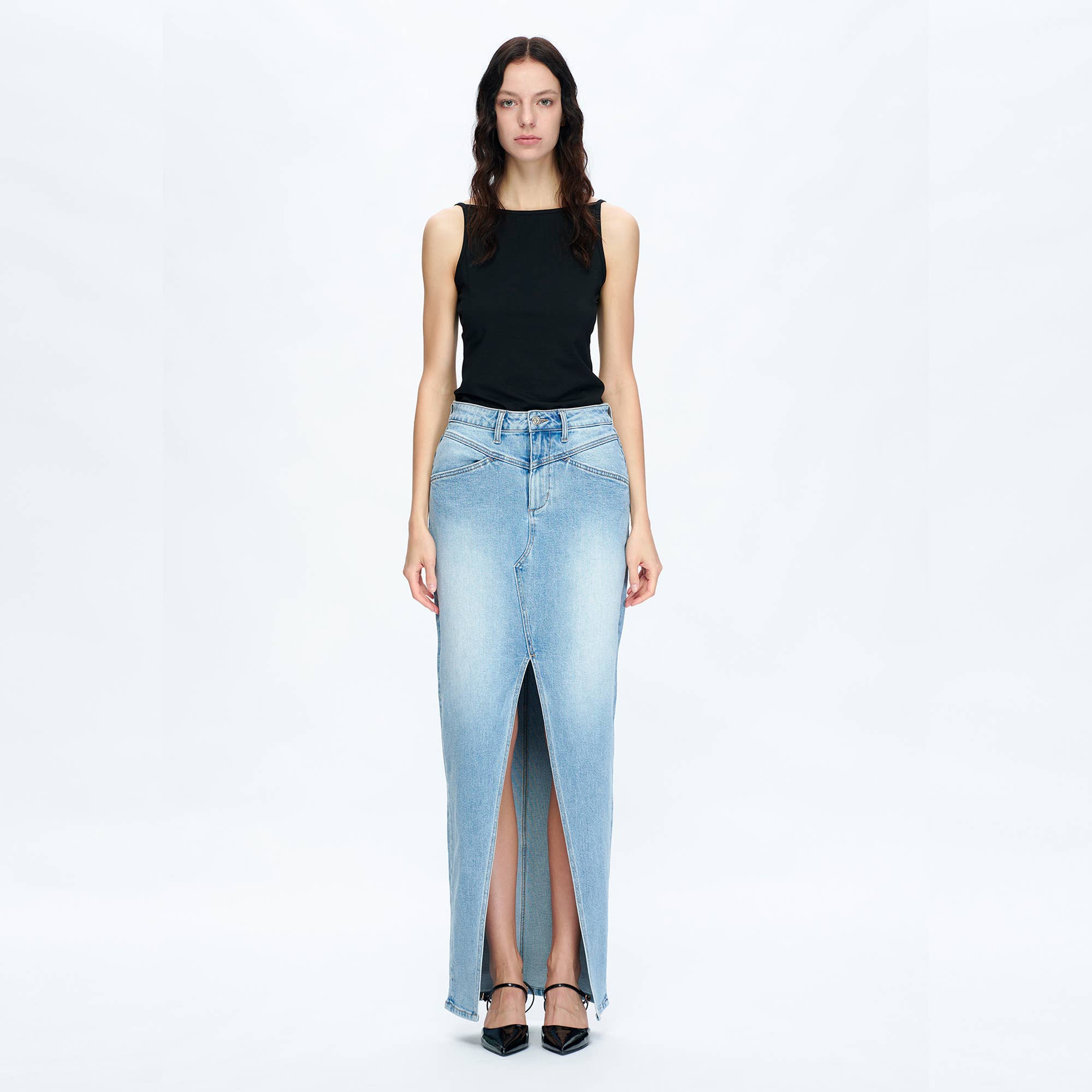 Periwinkle Blue High-Low Denim Skirt – Comfort Stretch