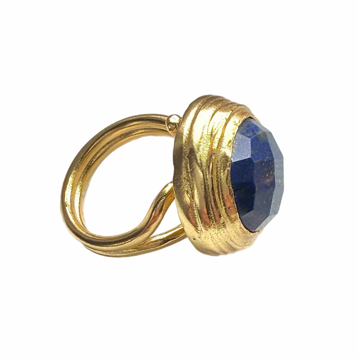 Eylul Lapis Lazuli Cocktail Ring with faceted blue stone and textured gold band