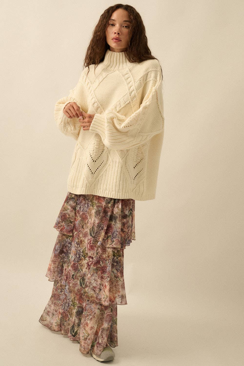 Floral-Print Mesh Tiered Side-Ruffle Maxi Skirt