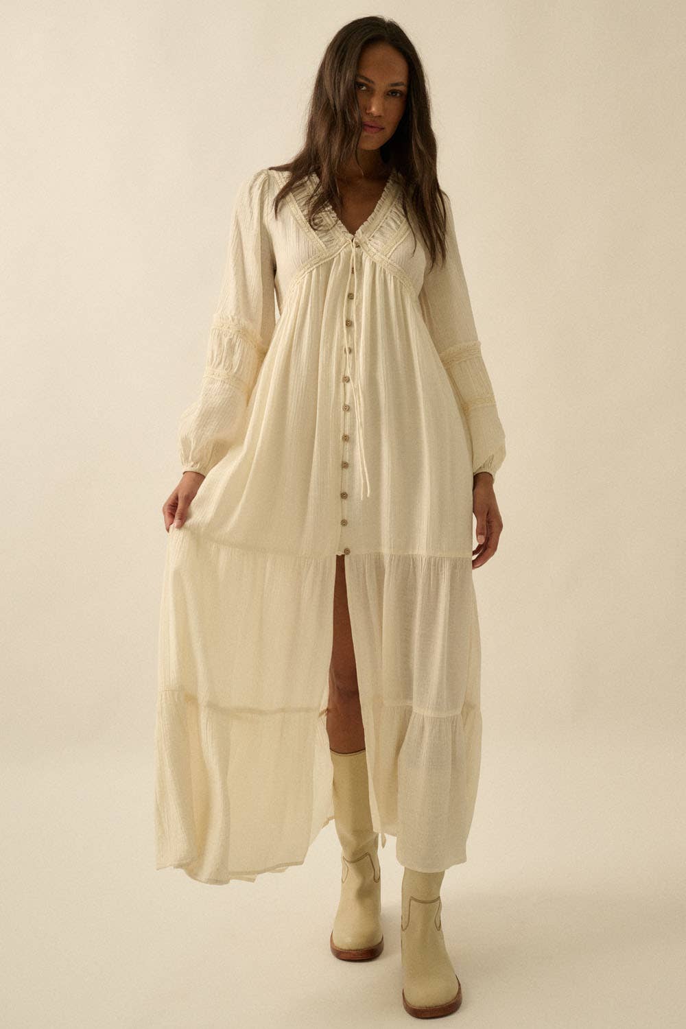 Tonal-Stripe Lace-Trim Button-Front Maxi Dress