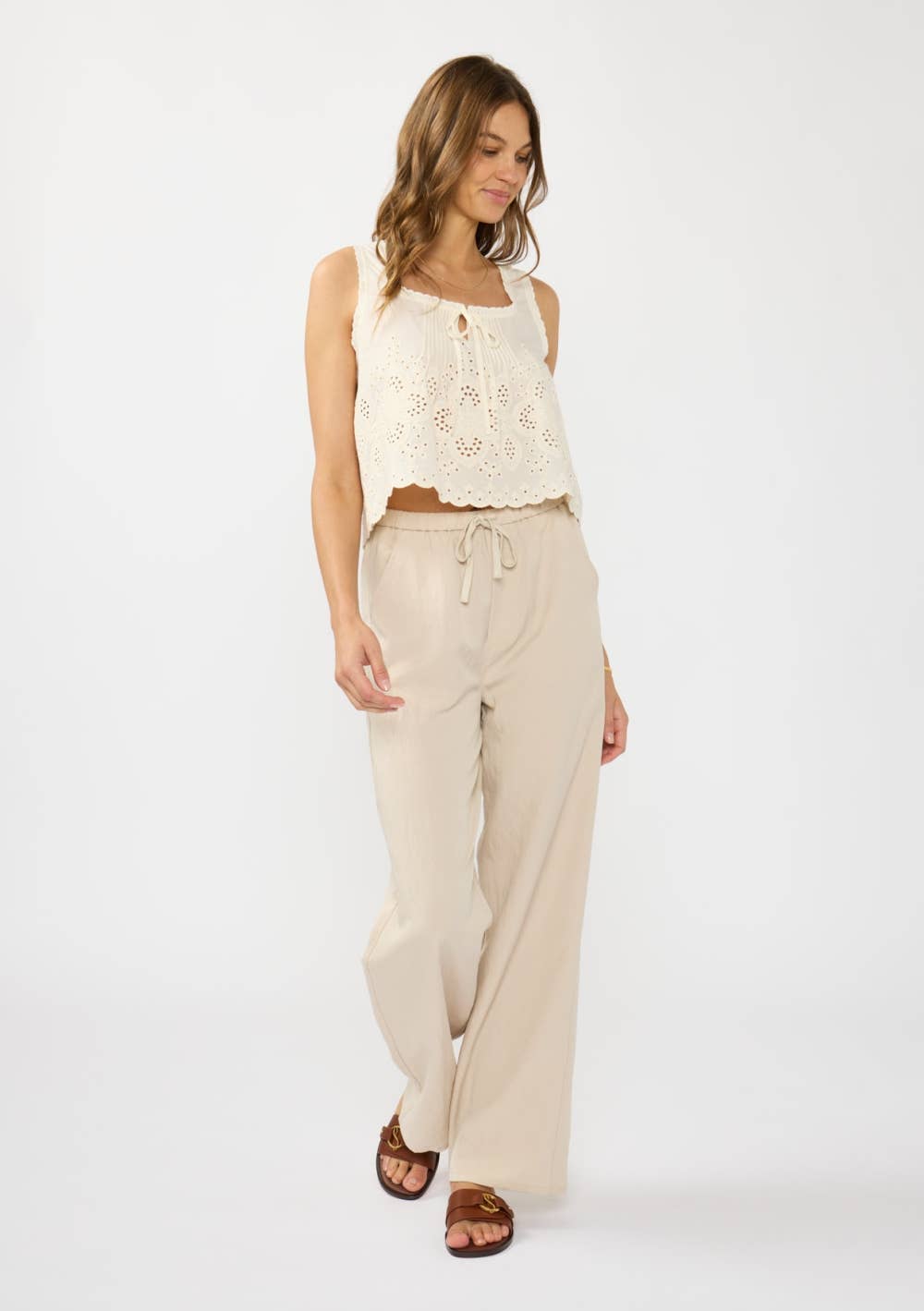 Square Neck Pintuck Eyelet Trim Crop Tank