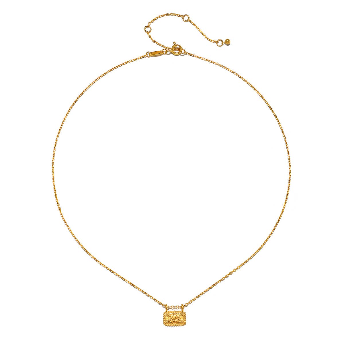 The Satya Jewelry 16” Lotus Plate Necklace features a gold-plated, textured rectangular pendant symbolizing new beginnings, with an adjustable clasp and delicate chain for a simple, elegant look.