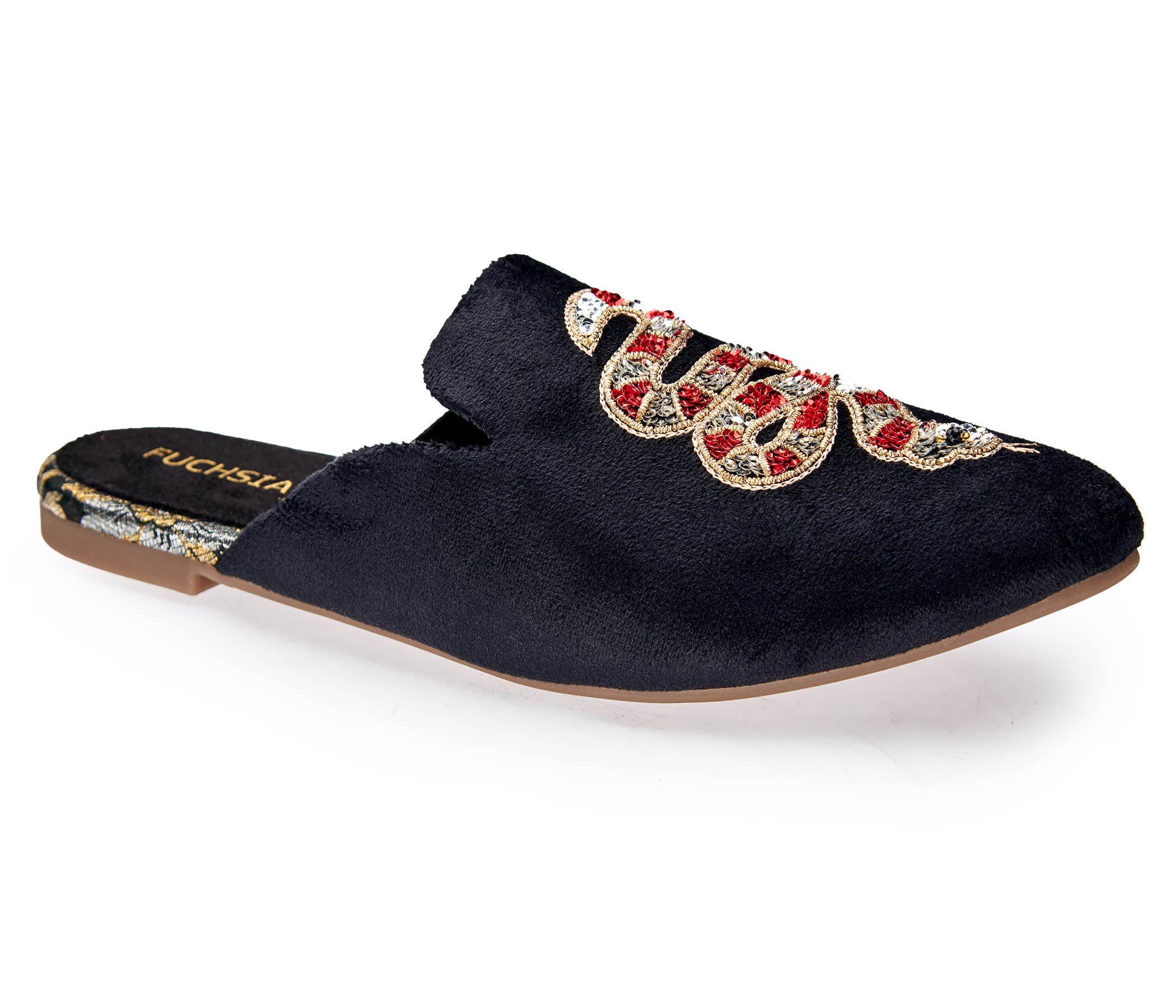 Artisanal Serpent Black Velvet Slippers Mules for Women with intricate red and gold serpent embroidery on soft velvet material