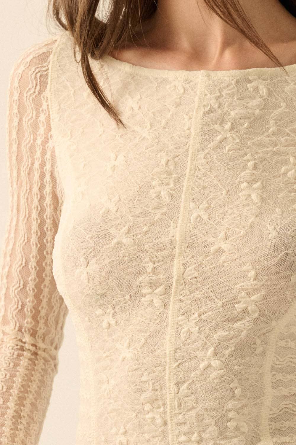 Floral and Striped Lace Boat-Neck Bodysuit in Black or Cream