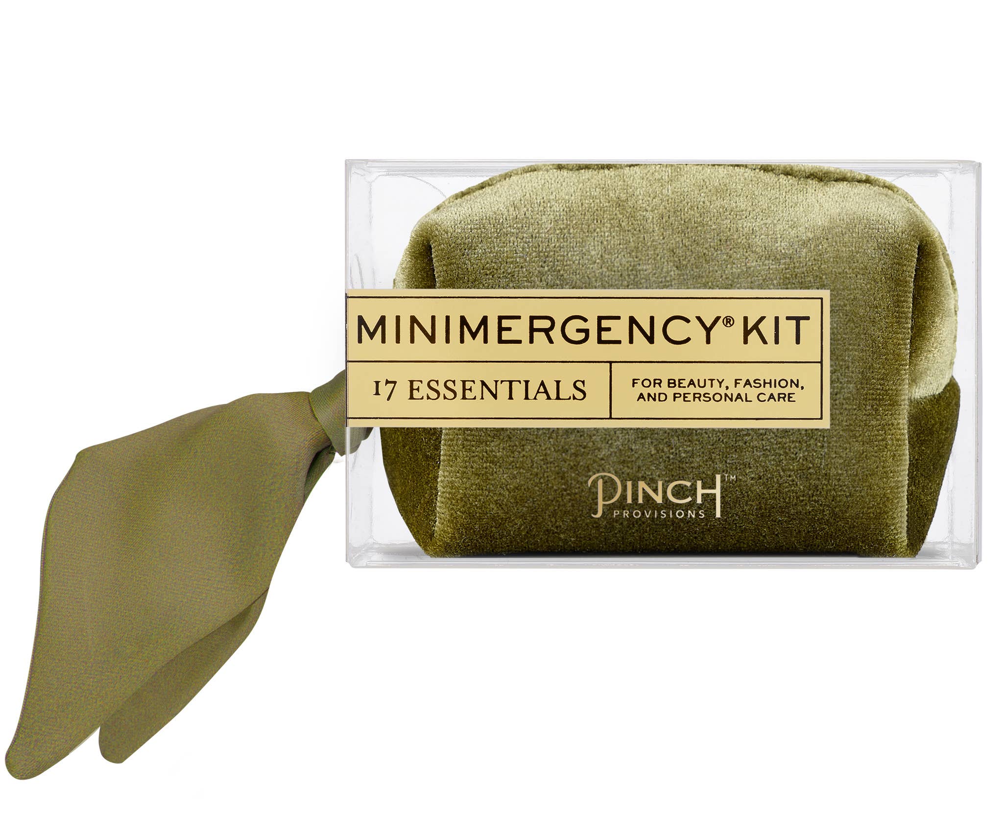 Velvet Scarf Minimergency Kit with 17 essentials for beauty, fashion, and personal care in an olive green pouch.