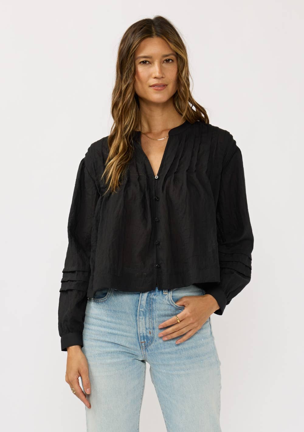 Pintuck Pleated Button-Down Blouse: White / S