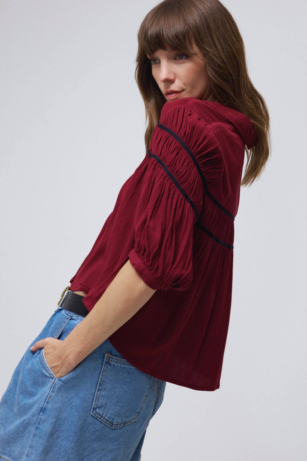 Textured Pleated Button-Down Blouse