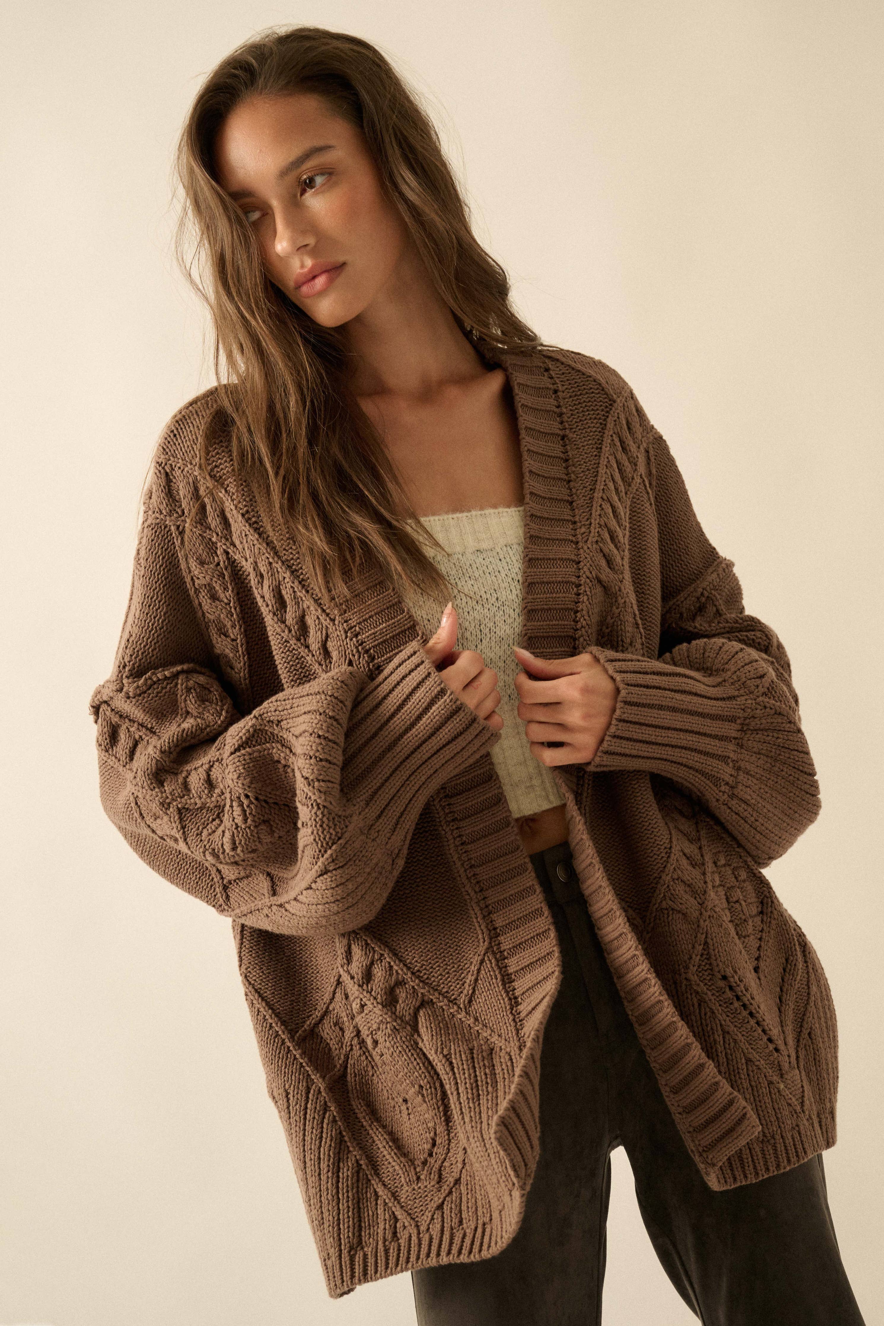 Cable-Knit Oversize Balloon-Sleeve Cardigan