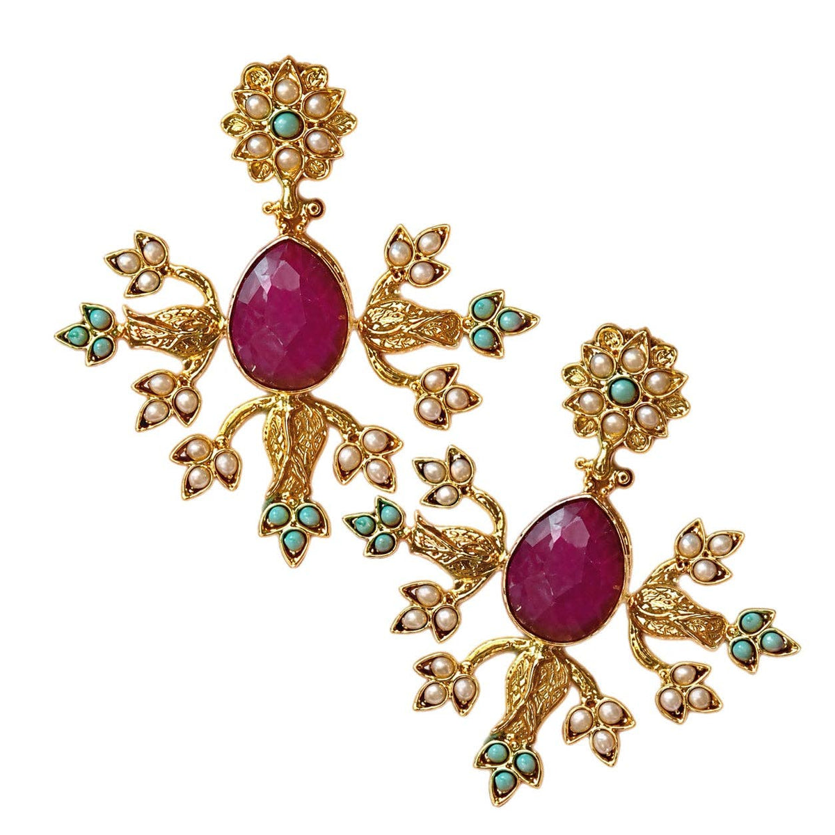 Sevil Ruby Pearl and Turquoise Motif Earrings with ornate gold floral details