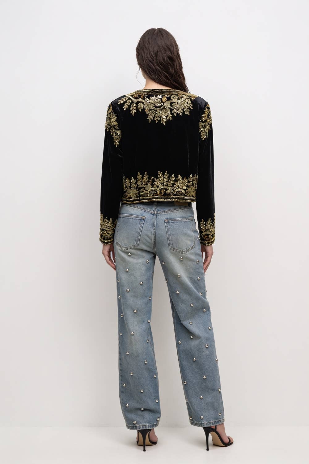Embroidered Velvet Cropped Open-Front Jacket