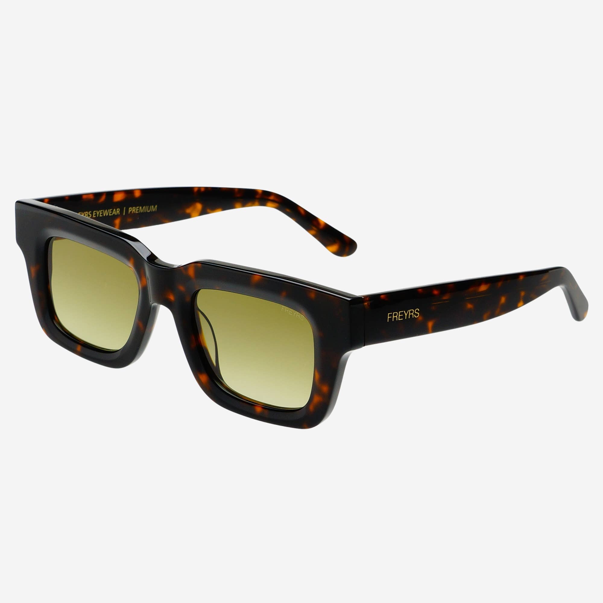FREYRS Eyewear’s Thomas Acetate Unisex Rectangular Sunglasses feature thick handmade tortoiseshell acetate frames and yellow gradient nylon UV-protection lenses, shown on a white background.