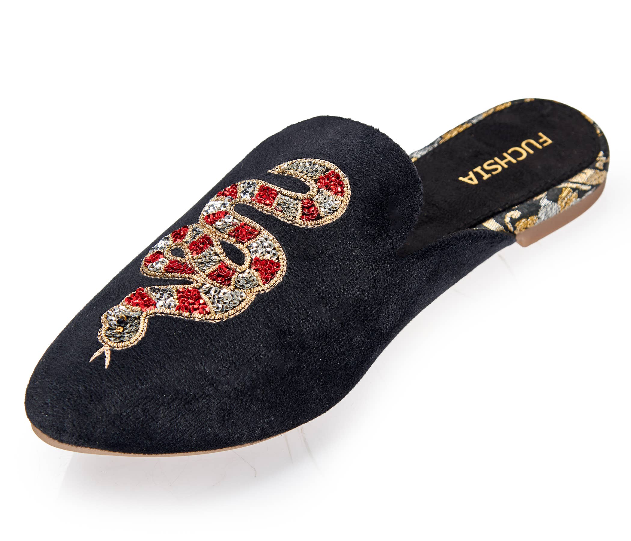 Artisanal Serpent Black Velvet Slippers Mules for Women featuring embroidered serpent and floral inner sole design