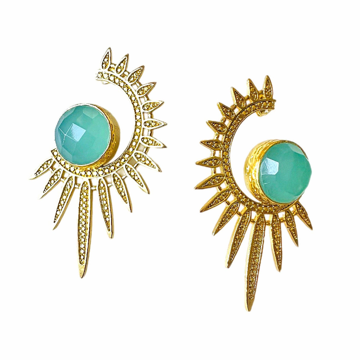 Sabira Aqua Chalcedony Crescent Sunburst Earrings with gold sunburst rays and aqua stones
