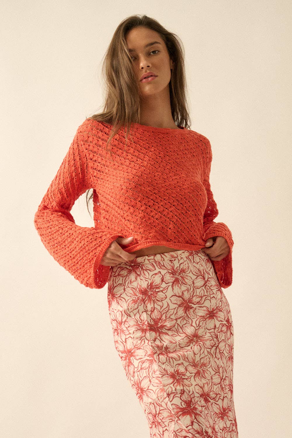 Solid Crochet-Knit Bell-Sleeve Cropped Sweater