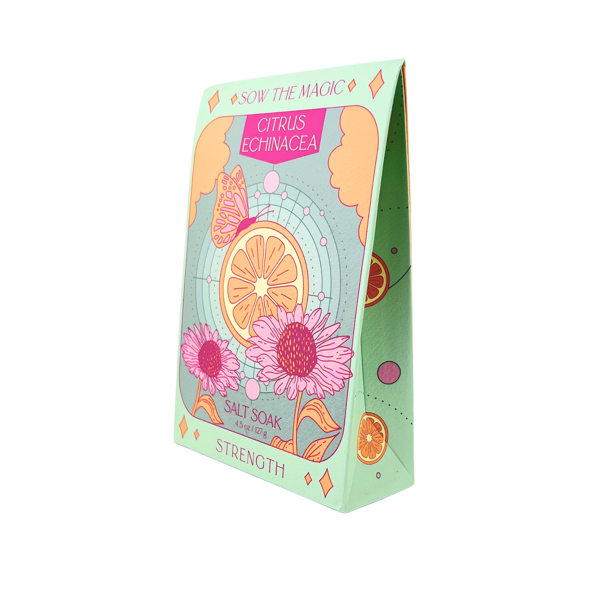 Strength Salt Soak in Citrus Echinacea packaging with vibrant citrus and floral artwork and pastel colors
