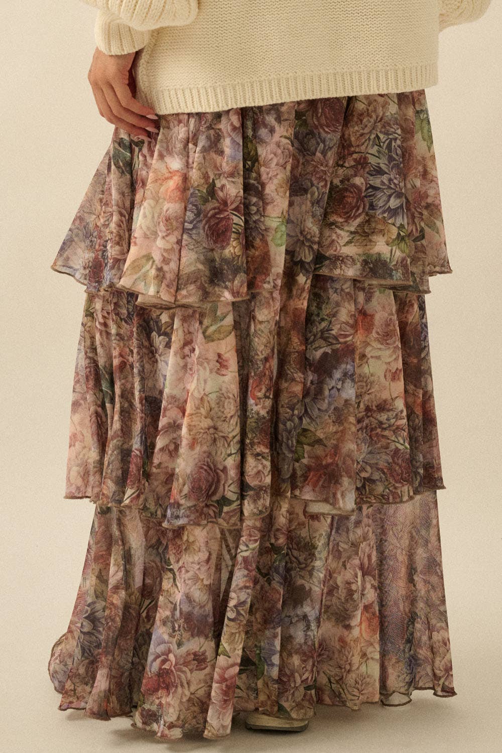 Floral-Print Mesh Tiered Side-Ruffle Maxi Skirt