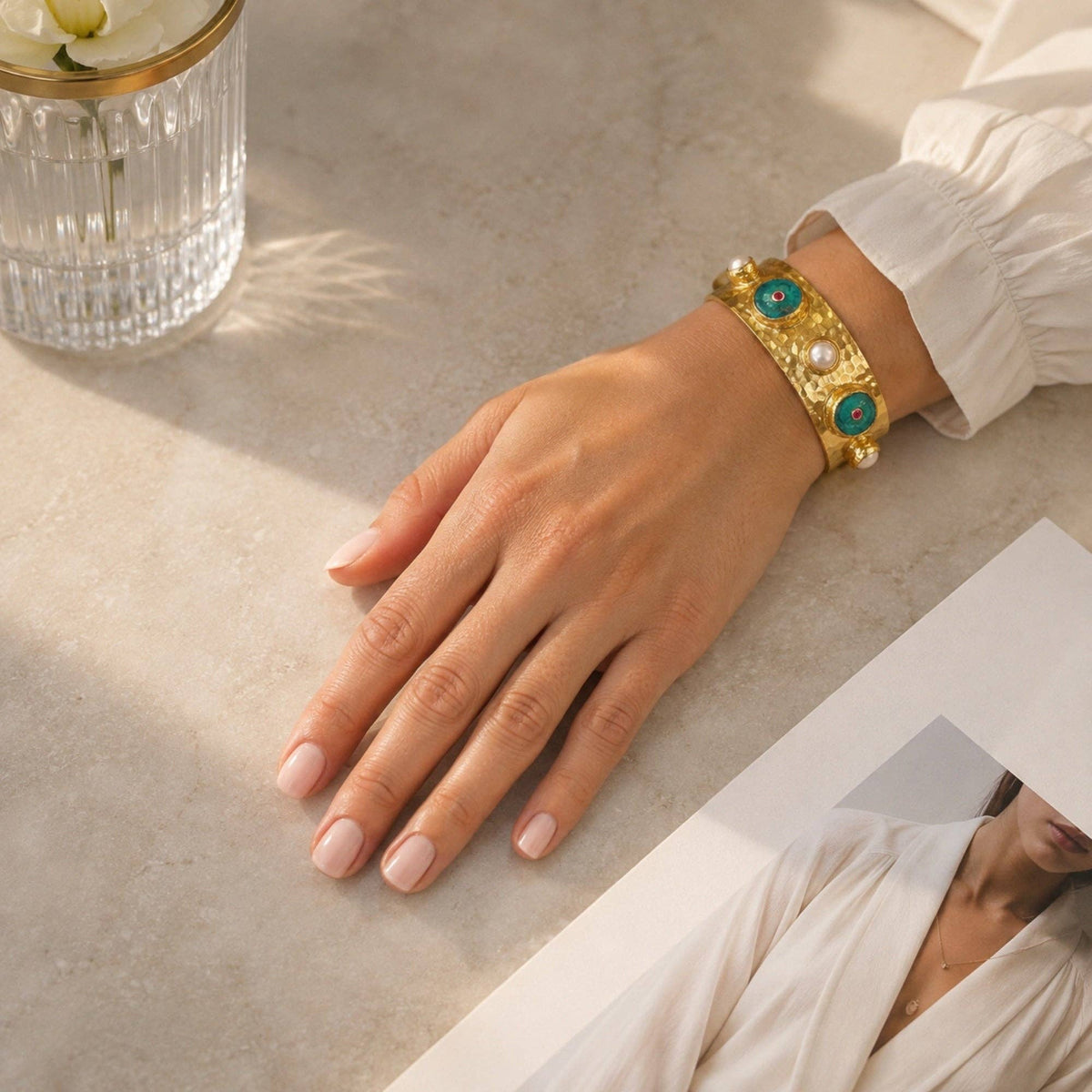 Turquoise and Pearl Cuff Bangle with gold tone details and round turquoise accents