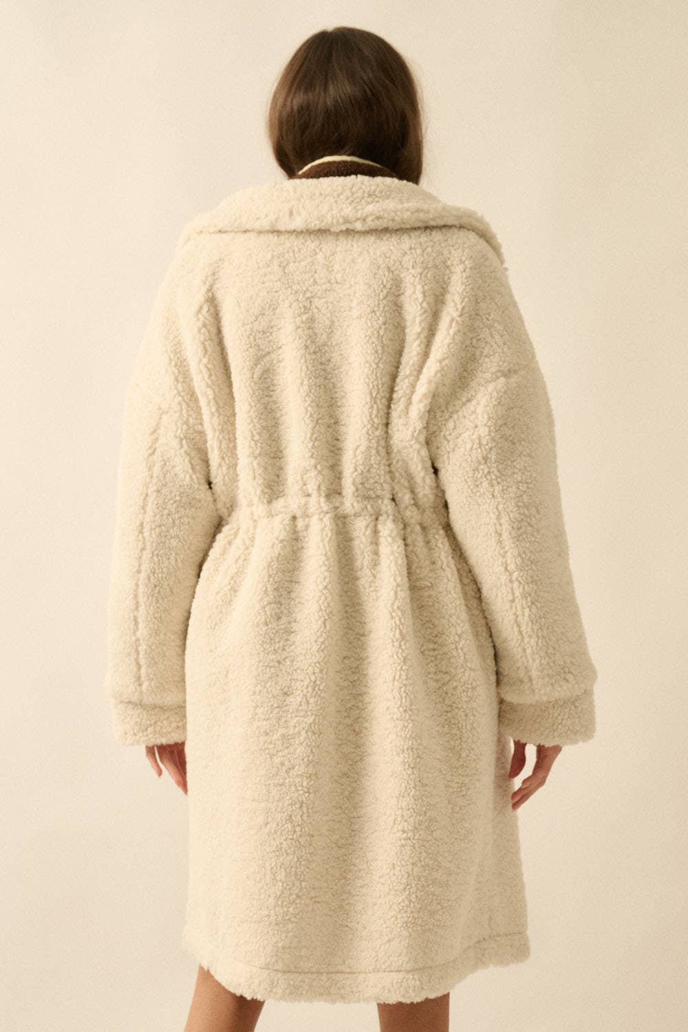 Faux Shearling Zip-Up Drawstring Knee-Length Coat