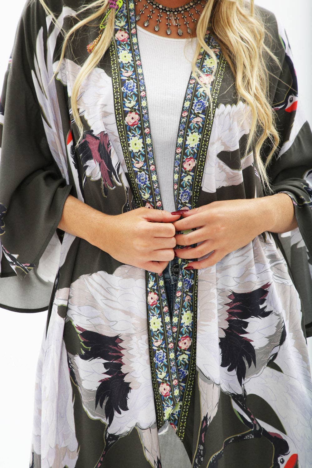 Story of the Crane Kimono - Charcoal | Bohemian Coverup Robe