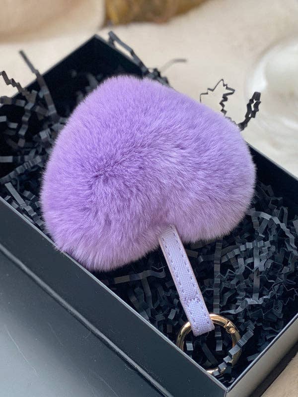 Heart Shape Bag Charm Keychain in soft purple faux fur with gold-tone ring, ideal for stylish bag accessories gift.