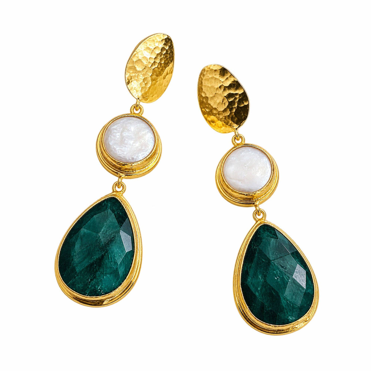 Kara Emerald and Pearl Earrings with hammered gold tops, luminous pearls, and deep green emerald drops