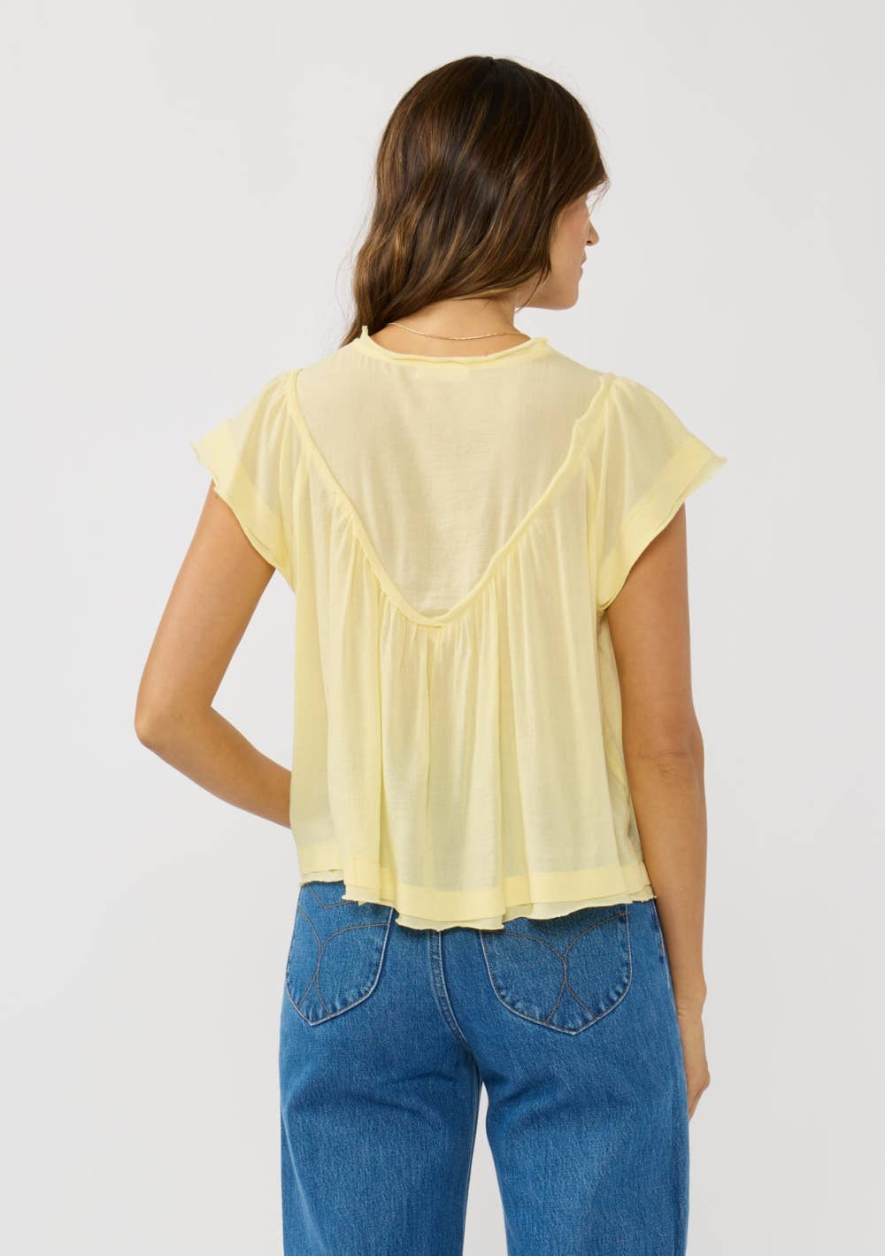 V-Neck Flutter Sleeve Smocked Yoke Top