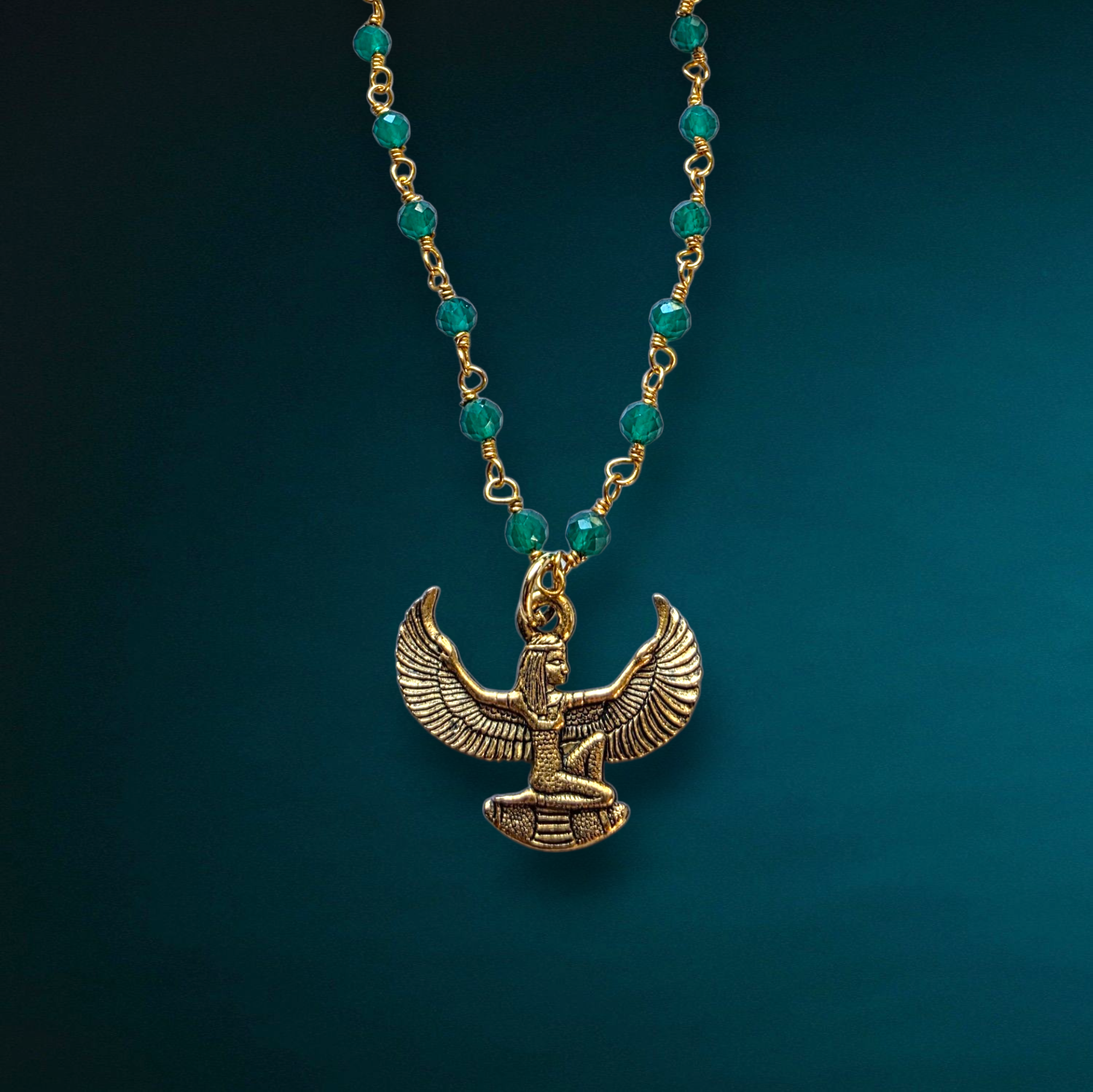 Winged Goddess Isis Charm Necklace | Gemstone Rosary