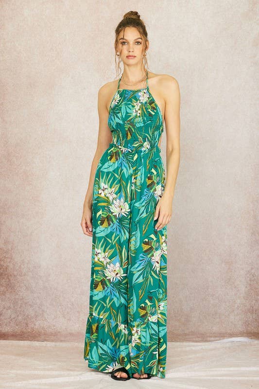 Printed Wide Leg Halter Jumpsuit