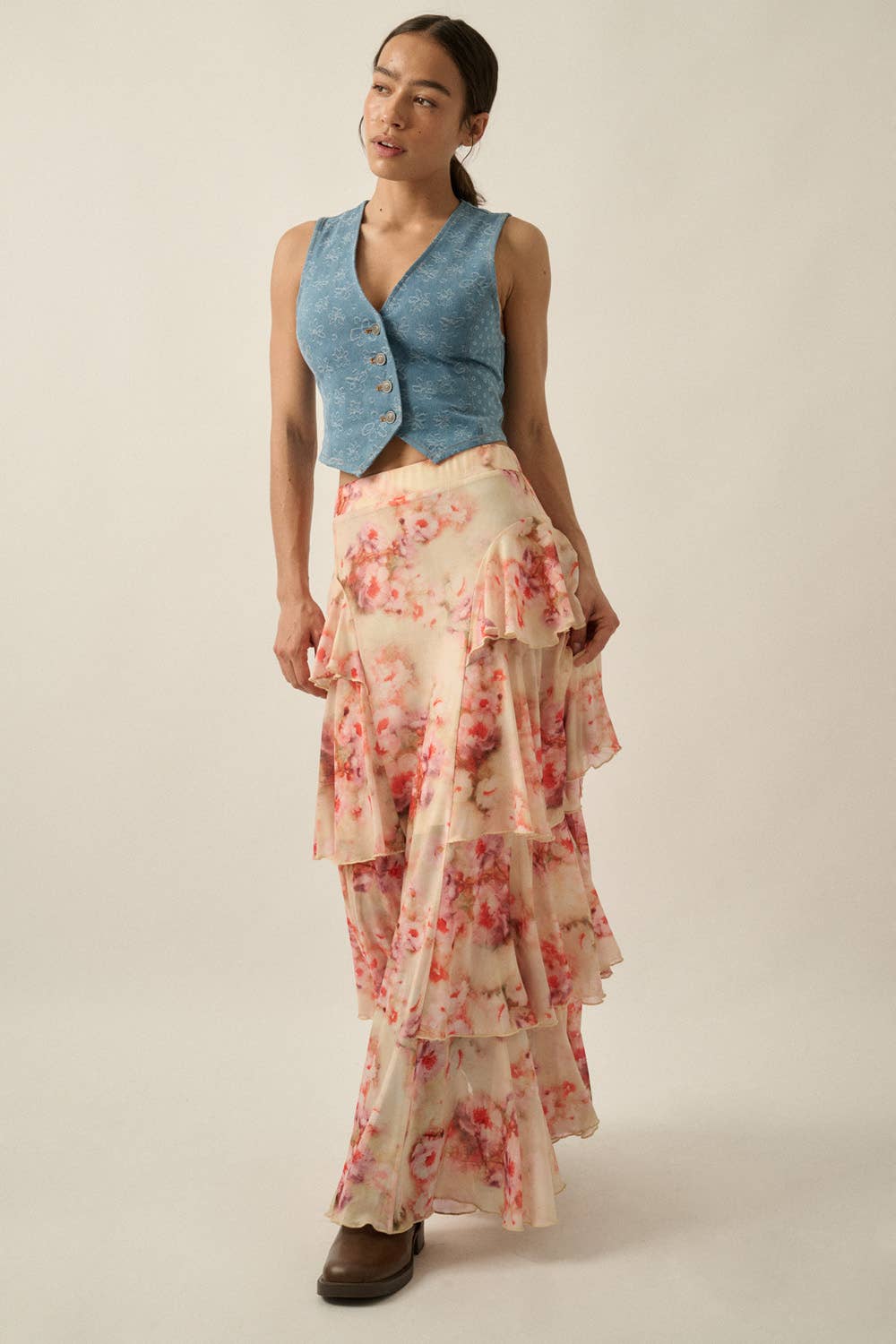 Floral-Print Chiffon Tiered Side-Ruffle Maxi Skirt