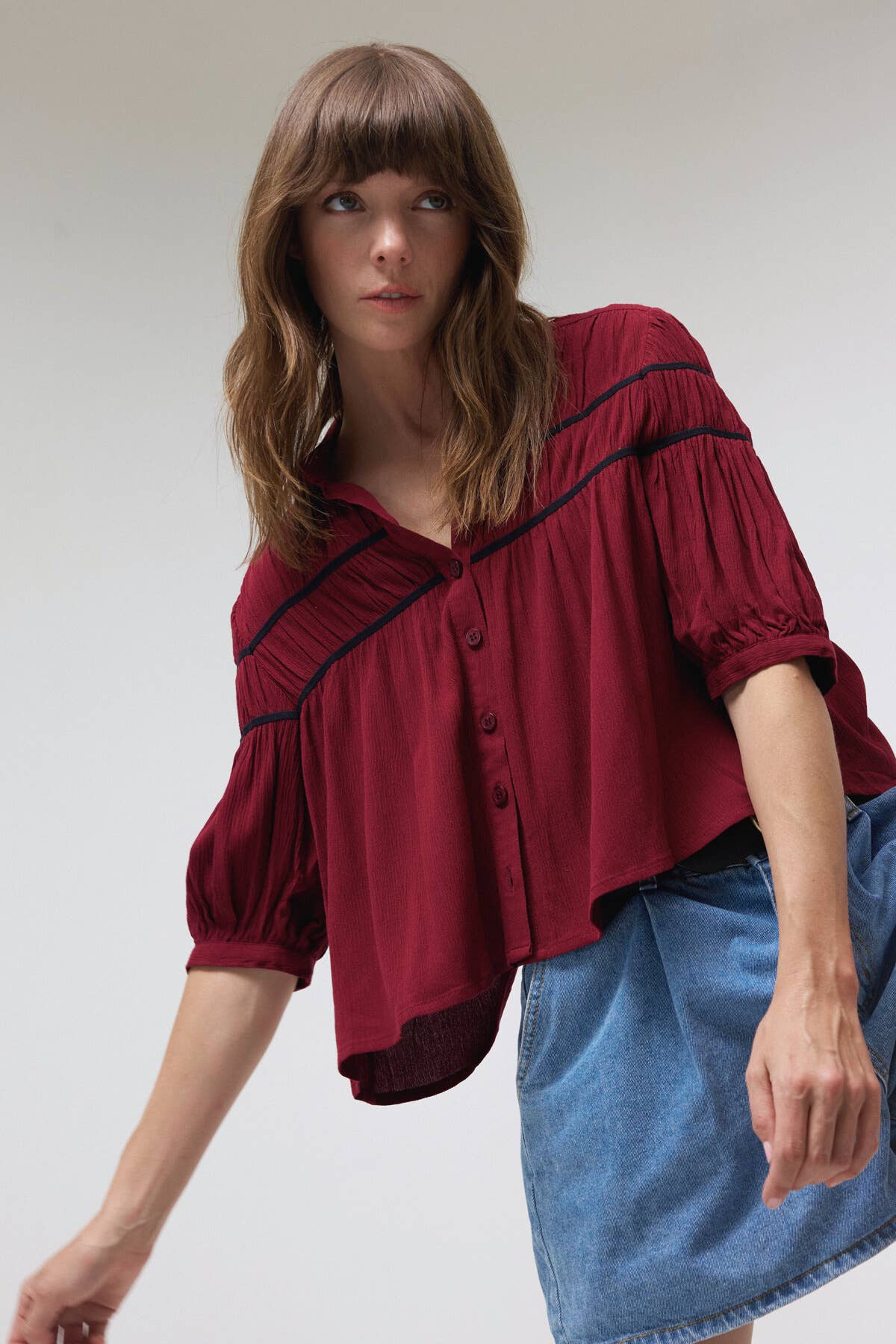 Textured Pleated Button-Down Blouse