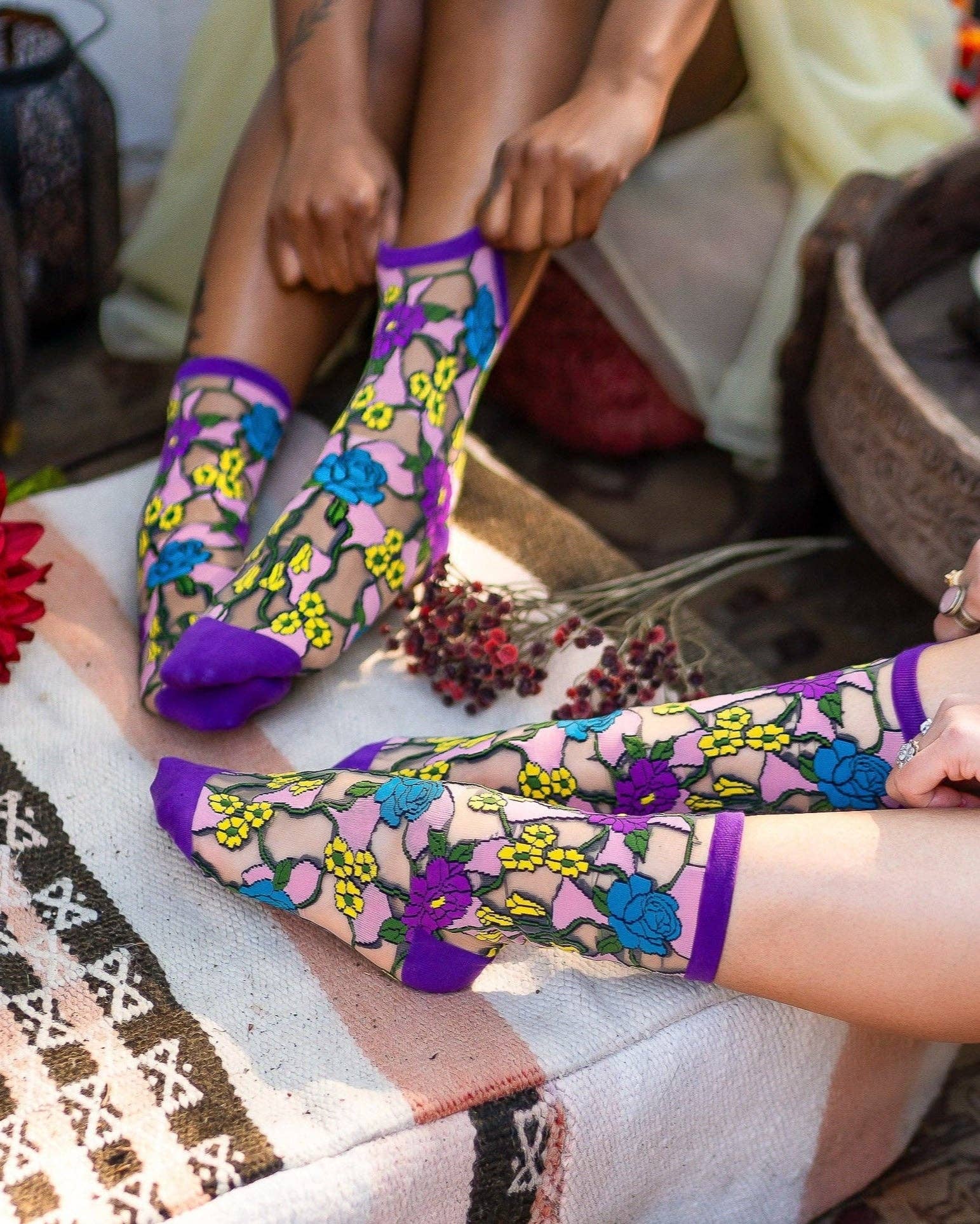 Stain Glass Floral Sheer Crew Sock