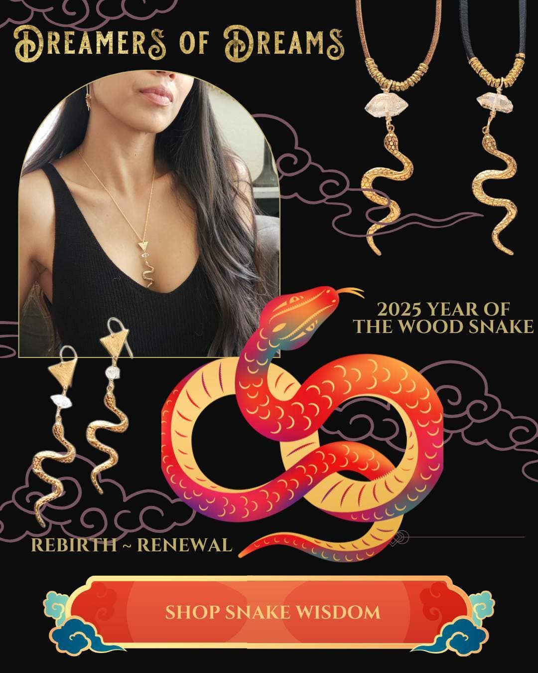 Gold Year of the Snake Diamond Quartz Long Necklace