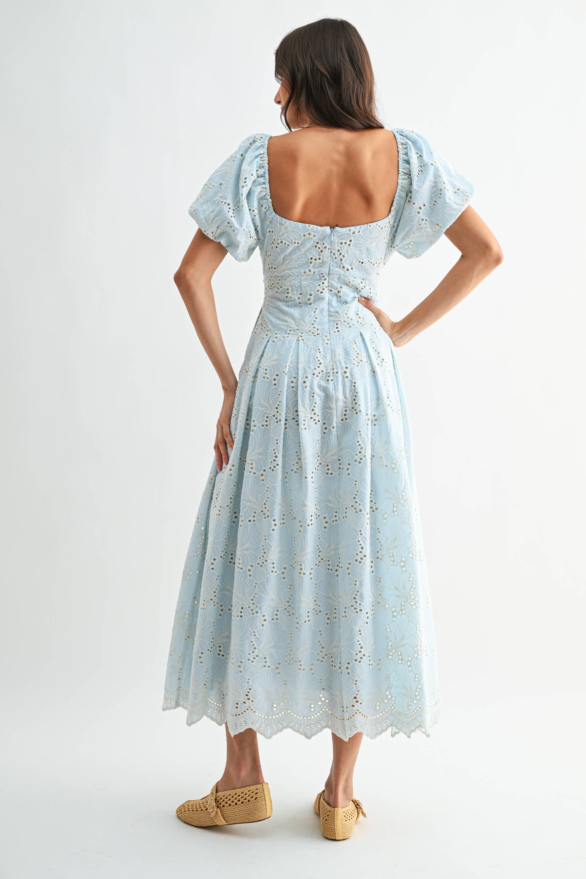 Eyelet Puff Sleeve Maxi Dress with Twist Front