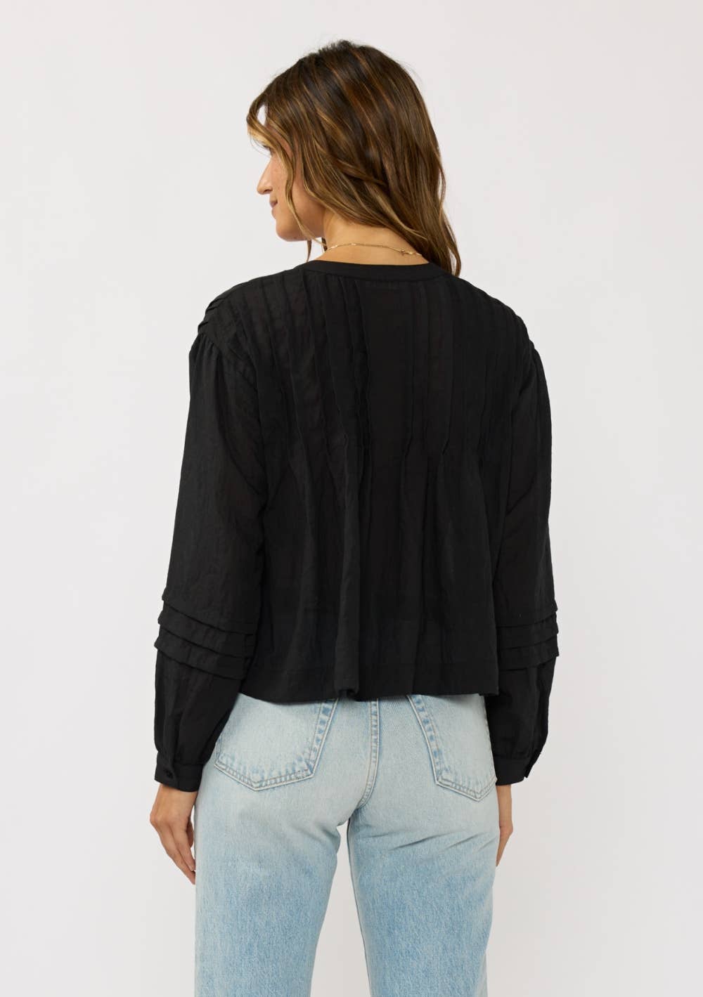 Pintuck Pleated Button-Down Blouse: BLACK / M
