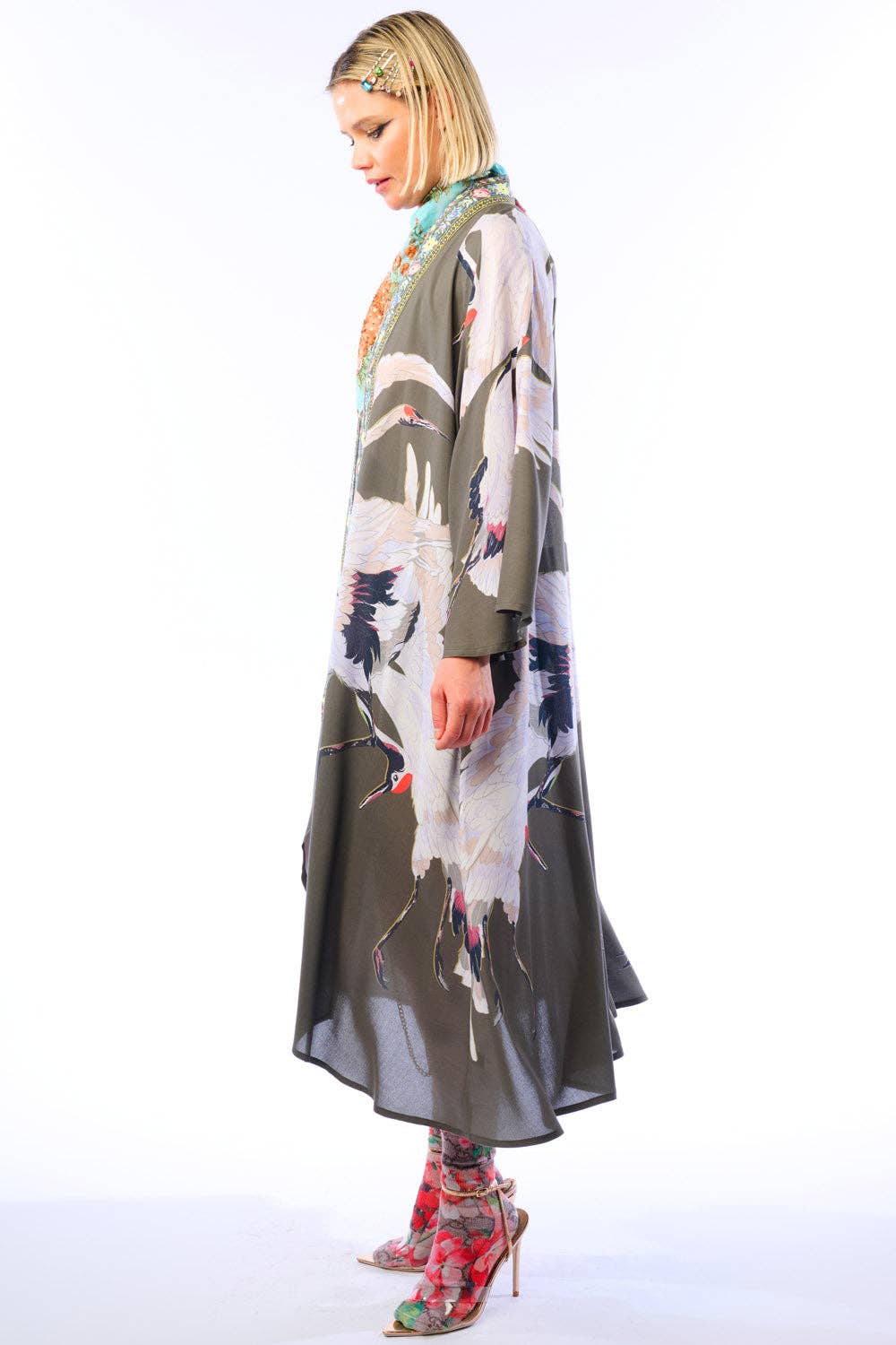 Story of the Crane Kimono - Charcoal | Bohemian Coverup Robe